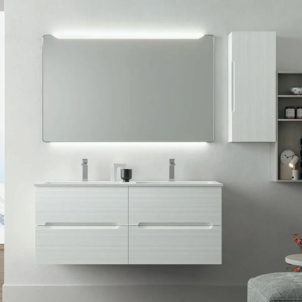Mobile Bagno sospeso con doppio lavabo 4 cassetti con frontali rigati e presa maniglia integrata Rigo disponibile in 5 colori