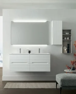 Mobile Bagno sospeso con doppio lavabo 4 cassetti con frontali rigati e presa maniglia integrata Rigo disponibile in 5 colori