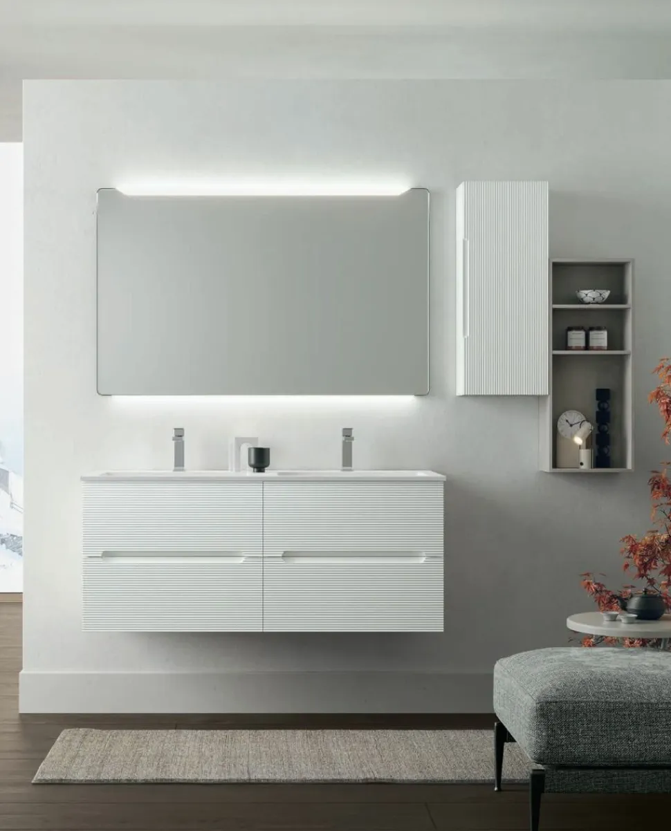 Mobile Bagno sospeso con doppio lavabo 4 cassetti con frontali rigati e presa maniglia integrata Rigo disponibile in 5 colori