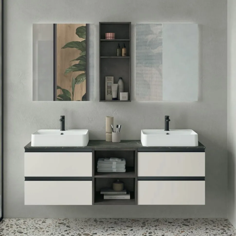 Mobile Bagno sospeso con doppio lavabo 4 cassetti con maniglia a gola Katia disponibile in 5 colori