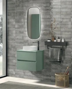 Mobile Bagno sospeso con lavabo in appoggio e 2 cassetti con maniglia a incasso Crea disponibile in 4 colori