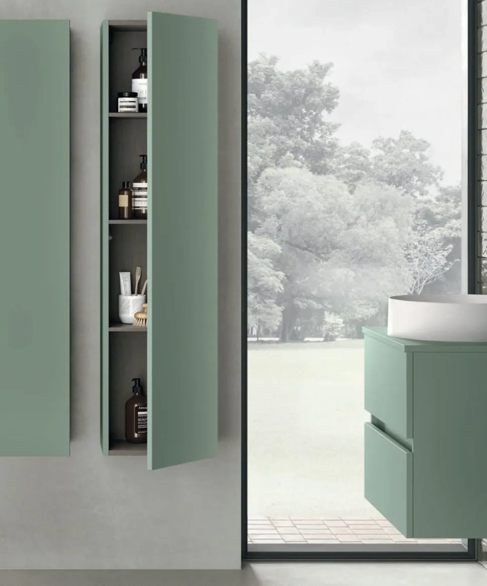 Mobile Bagno sospeso con lavabo in appoggio e 2 cassetti con maniglia a incasso Crea disponibile in 4 colori