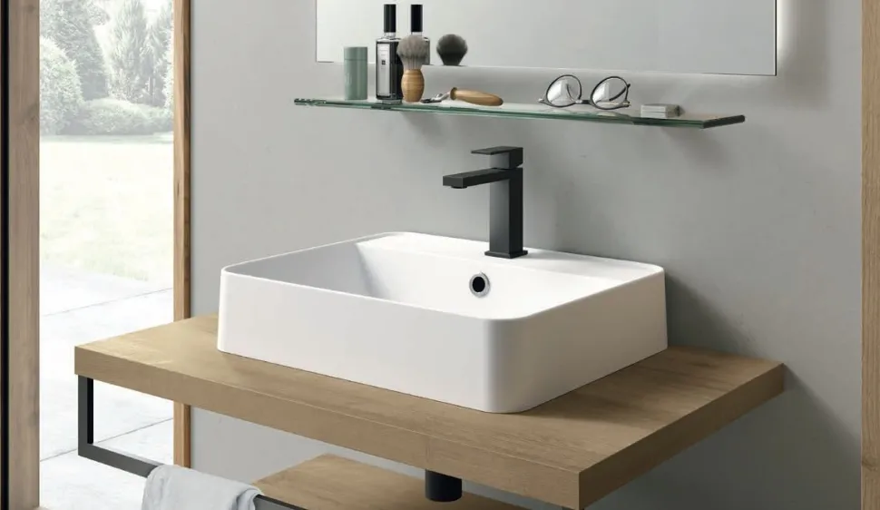 Mobile Bagno sospeso con mensola e 1 cassetto con lavabo in appoggio Domus disponibile in 4 colori