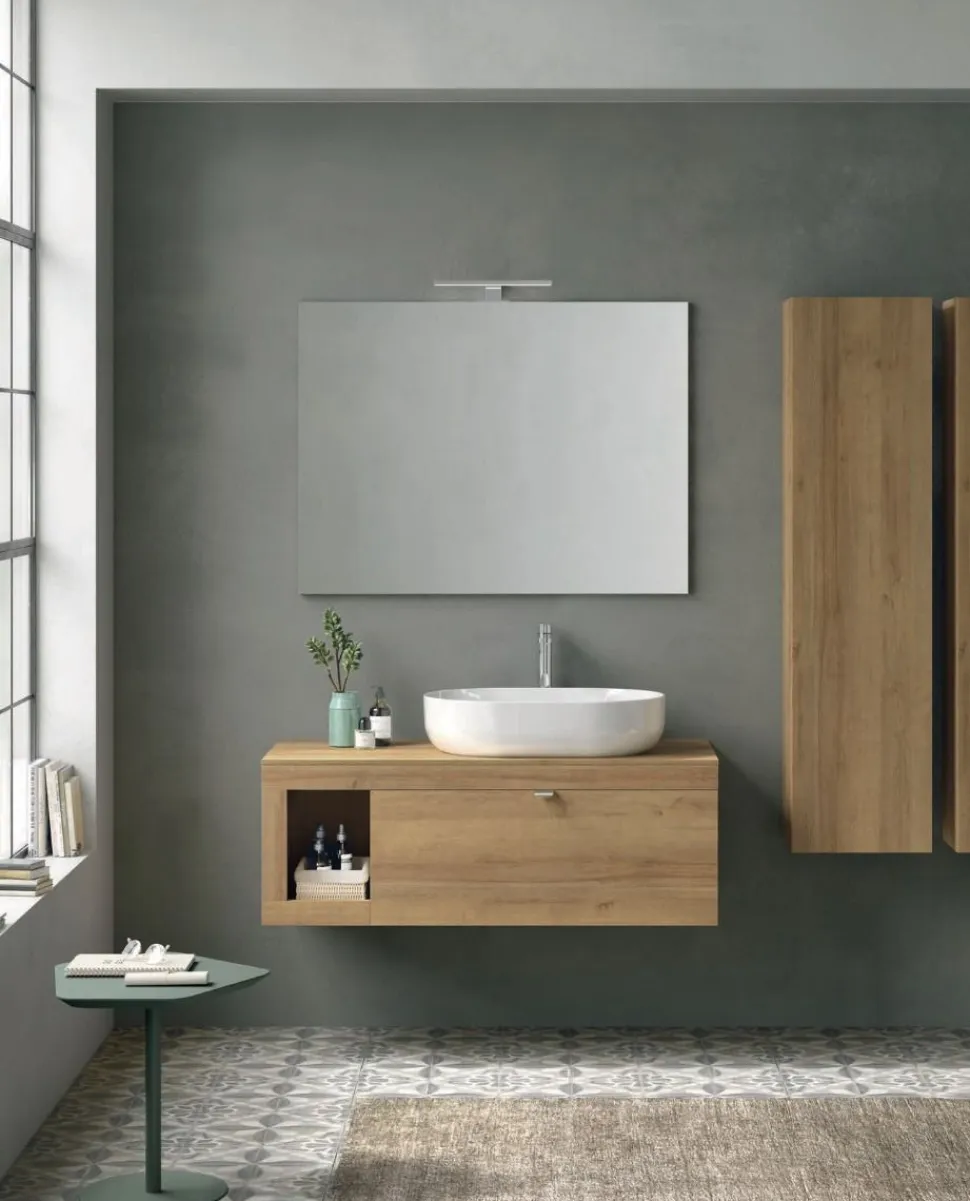 Mobile Bagno sospeso con top da 1,2 cm ,lavabo in appoggio opaco e 1 cassetto Lido disponibile in 4 colori