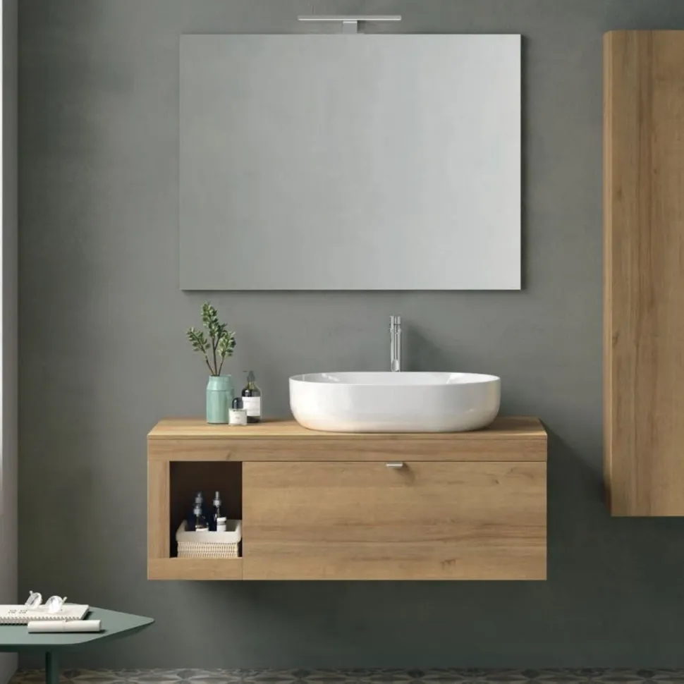 Mobile Bagno sospeso con top da 1,2 cm ,lavabo in appoggio opaco e 1 cassetto Lido disponibile in 4 colori