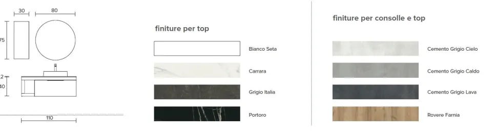 Mobile Bagno sospeso con top sp 1,2 cm 1 cassetto e lavabo in appoggio Lido disponibile in 4 colori