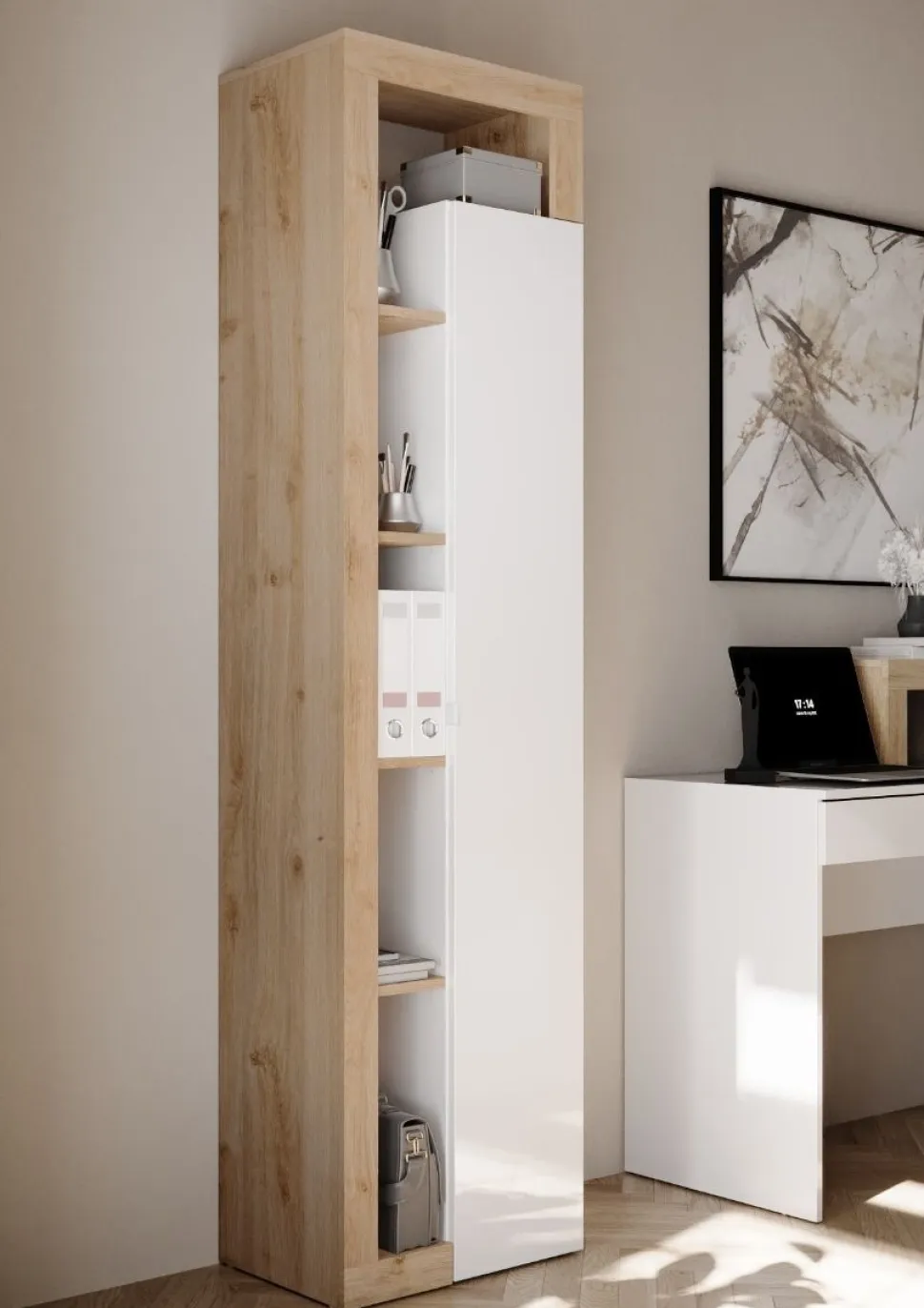 Mobile colonna 1 anta con Vani a Giorno in Bianco Lucido e Rovere Cadiz