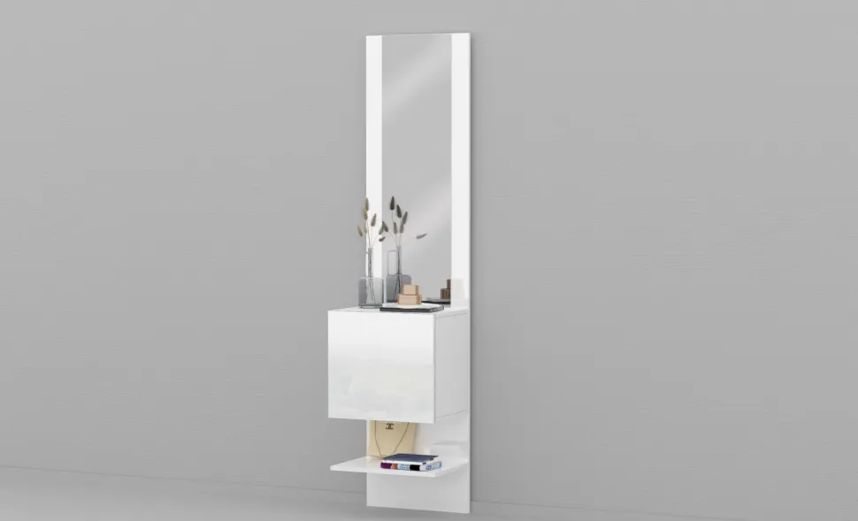 Mobile da ingresso compatto con specchio Poket in Bianco Lucido