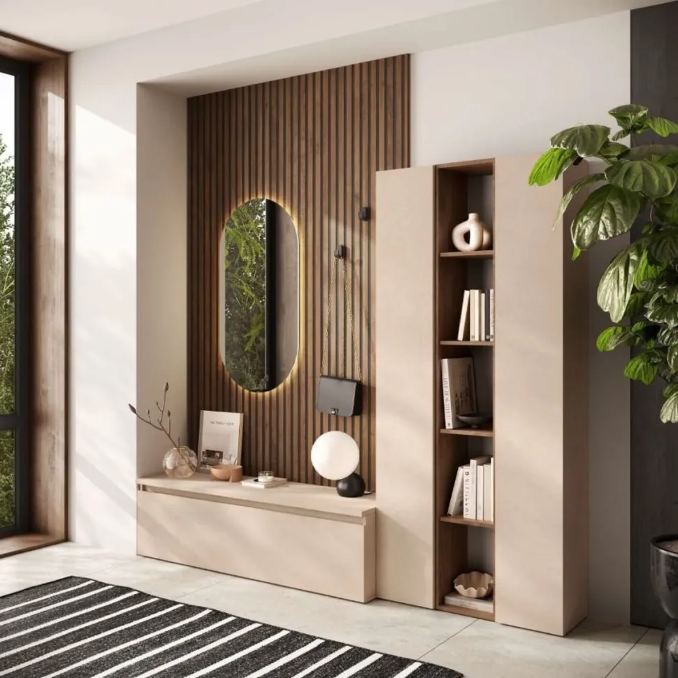 Mobile da Ingresso con Boiserie cannettata con appendiabiti e Armadio con libreria in Cashmere e Mercure