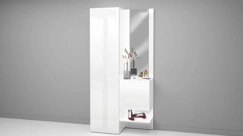 Mobile da ingresso con specchio e scarpiera Poket in Bianco Lucido