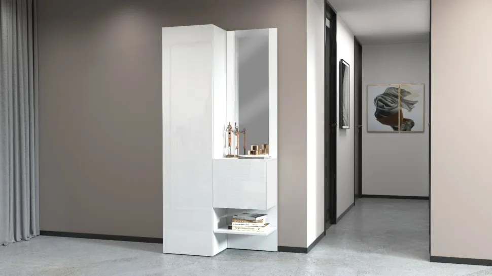Mobile da ingresso con specchio e scarpiera Poket in Bianco Lucido