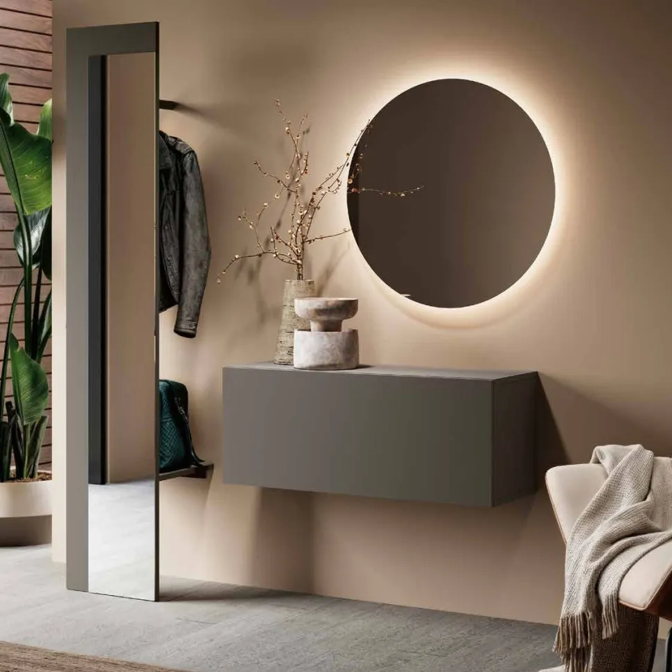 Mobile da ingresso Grigio Cenere con pensile sospeso e appendiabiti con specchio disponibile in vari colori