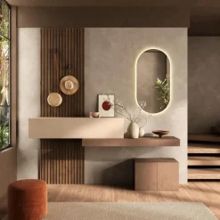 Mobile da Ingresso moderno con Boiserie cannettata e mensola sospesa in Mercure, Cashmere e Bronzo