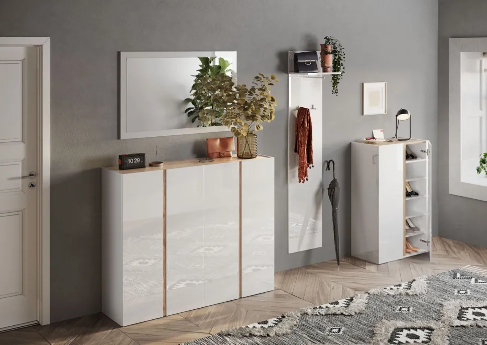 Mobile da ingresso Oslo linea Combo in finitura Bianco Lucido e Rovere Cadiz