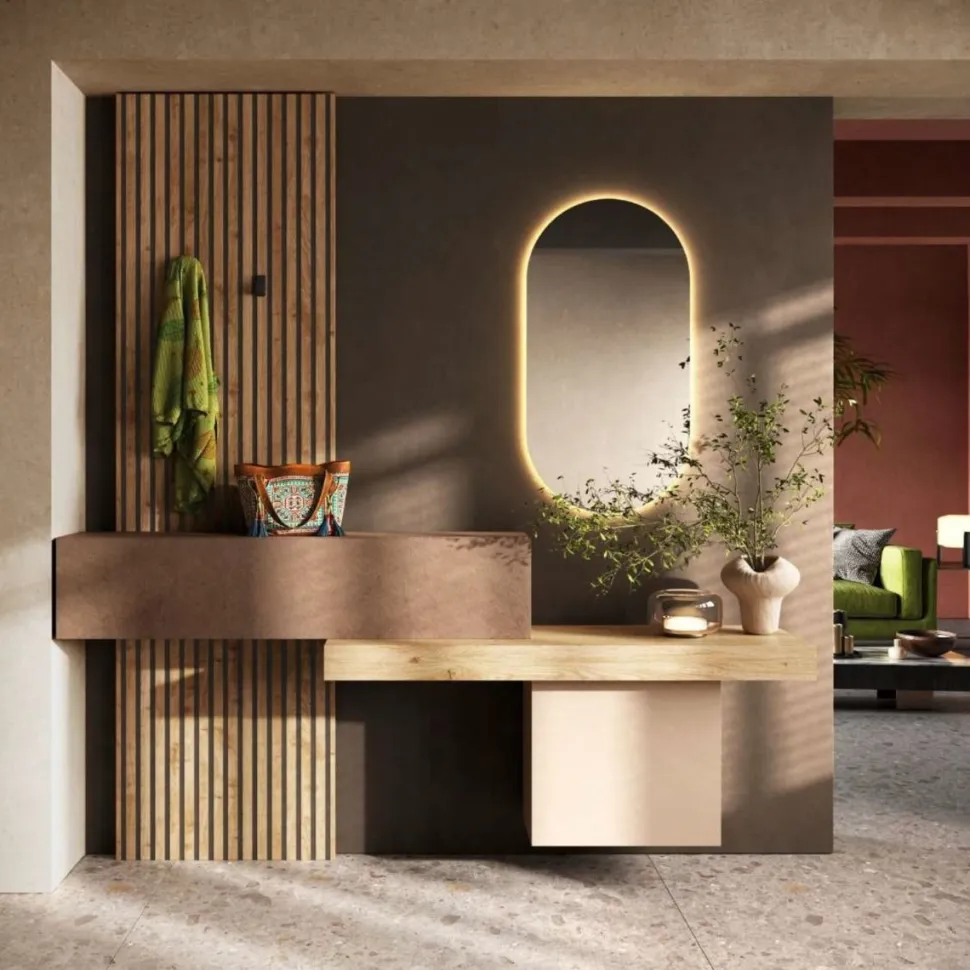Mobile da Ingresso sospeso con Boiserie cannettata con appendiabiti e mensola sospesa in Mercure,Cadiz e Cashmere