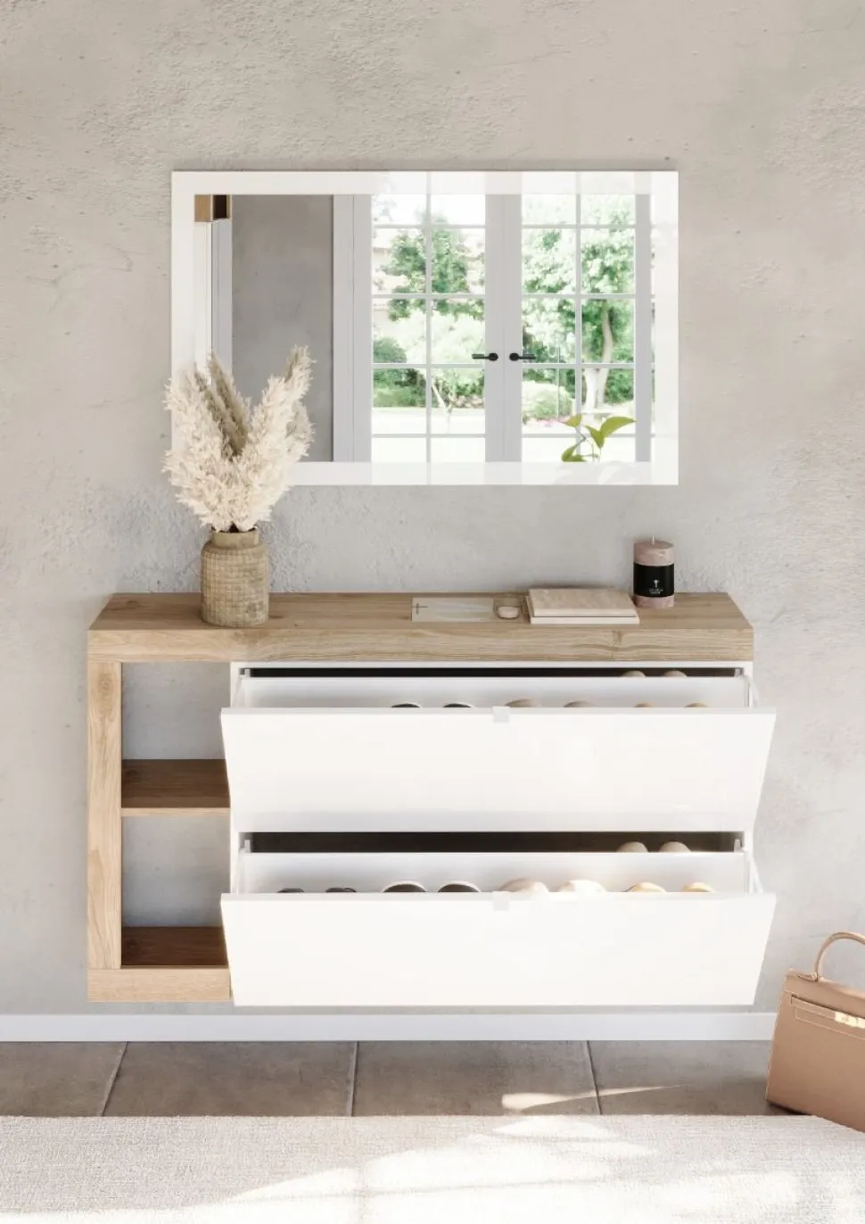 Mobile da Ingresso Sospeso in Bianco Lucido e Rovere con Scarpiera, Specchio e Appendiabiti