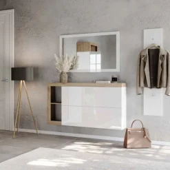 Mobile da Ingresso Sospeso in Bianco Lucido e Rovere con Scarpiera, Specchio e Appendiabiti