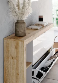 Mobile da Ingresso Sospeso in Bianco Lucido e Rovere con Scarpiera, Specchio e Appendiabiti