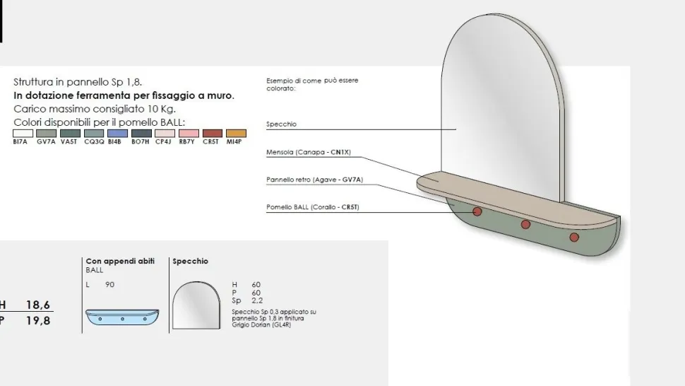 Mobile ingresso sospeso personalizzabile, specchiera sagomata e pannello con ganci appendiabiti