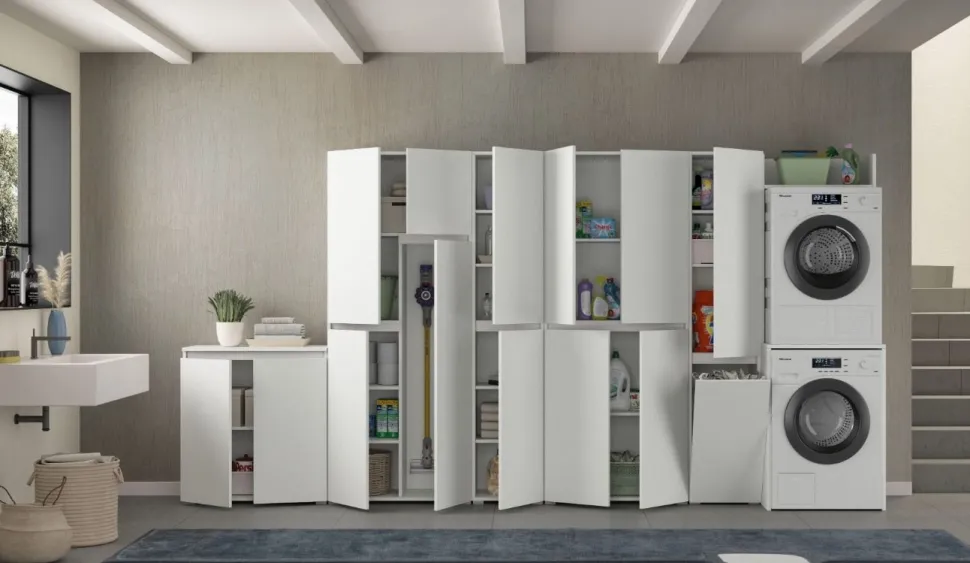 Mobile lavanderia salvaspazio Bianco frassino L 125 con armadio portascope