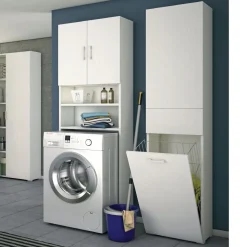 Mobile multiuso con cestello porta biancheria finitura Bianco Frassino e cemento