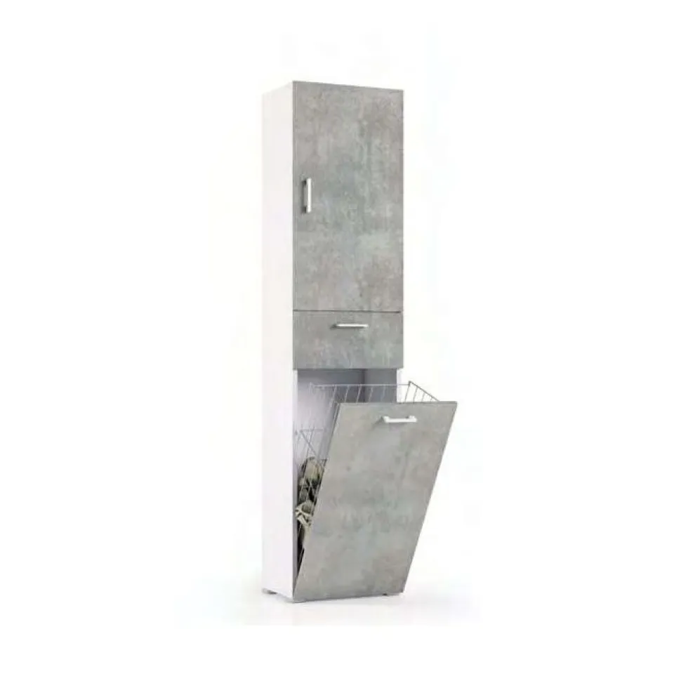 Mobile multiuso con cestello porta biancheria finitura Bianco Frassino e cemento