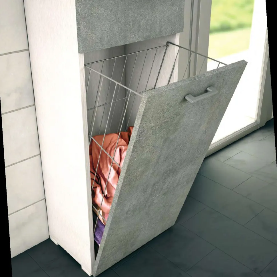 Mobile multiuso con cestello porta biancheria finitura Bianco Frassino e Rovere