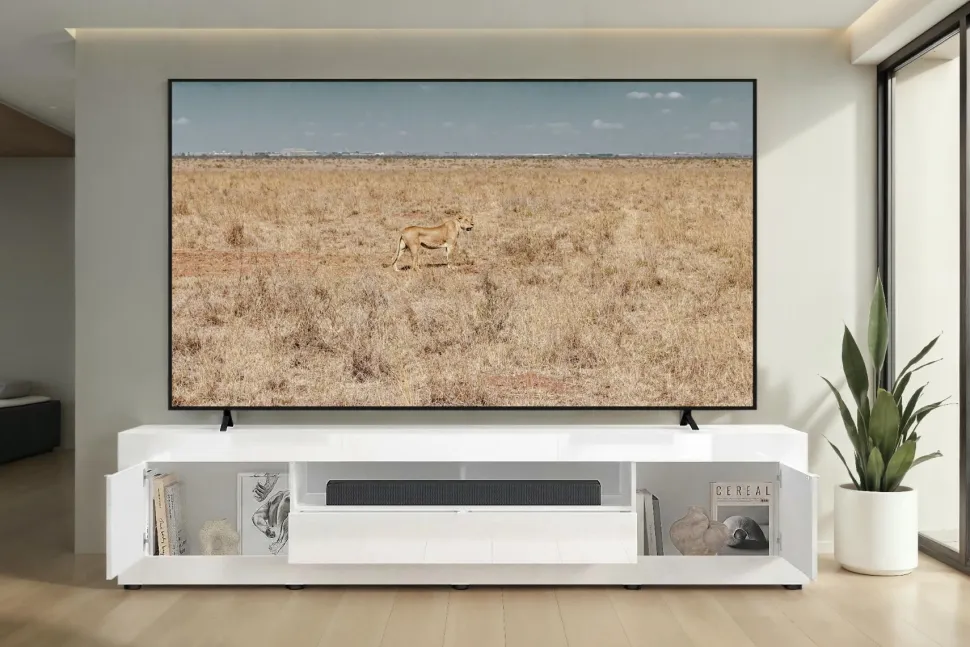 Mobile Porta TV Linea Basic L 245 cm in Bianco Lucido con 2 Ante e 1 Cassetto