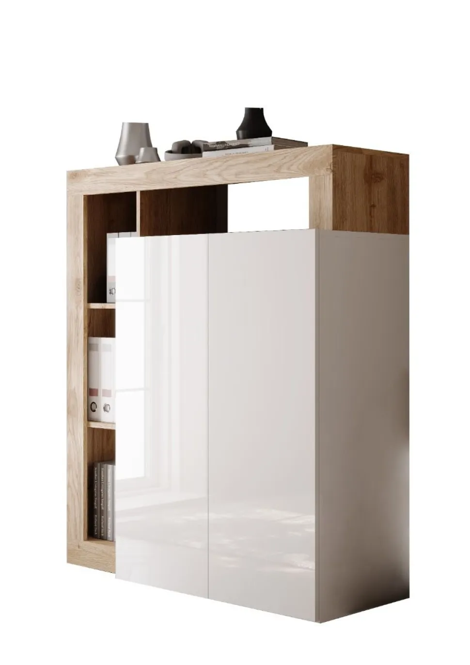 Mobile Scrivania compatto Linea Frame in Bianco Lucido e Rovere Cadiz con ripiano estraibile