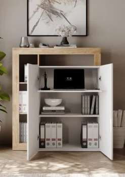 Mobile Scrivania compatto Linea Frame in Bianco Lucido e Rovere Cadiz con ripiano estraibile