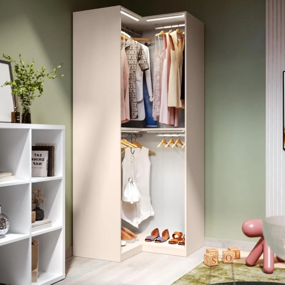 Modulo angolare per cabina armadio a giorno finitura Cashmere disponibile in 4 colori