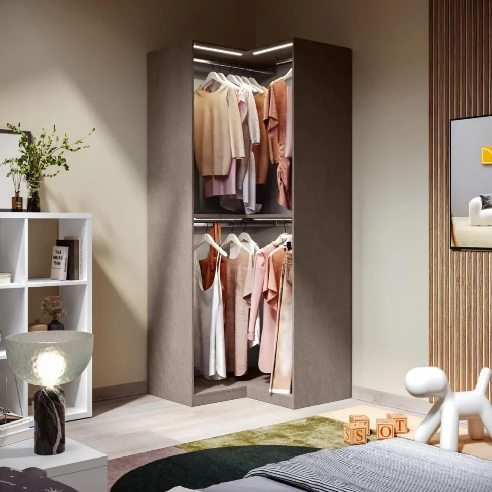 Modulo angolare per cabina armadio a giorno finitura Cashmere disponibile in 4 colori