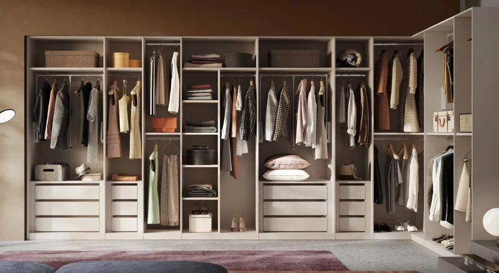 Modulo angolare per cabina armadio a giorno finitura Cashmere disponibile in 4 colori