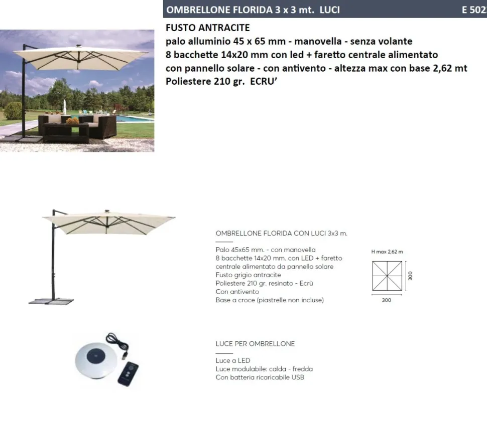 Ombrellone da Giardino con Luci LED integrate e Pannello Solare, Palo Laterale Orientabile