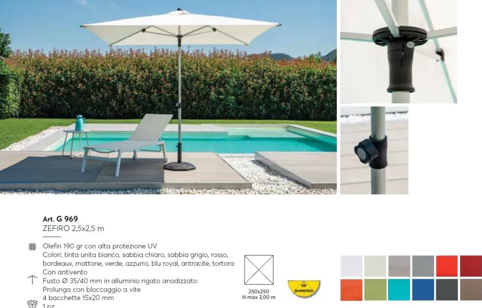 Ombrellone da giardino Zefiro 2,5x2,5 m Palo in alluminio rigato 12 Colori