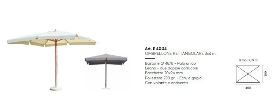 Ombrellone Rettangolare 3x4 m in Legno palo Unico Ø 48 mm Doppia Carrucola