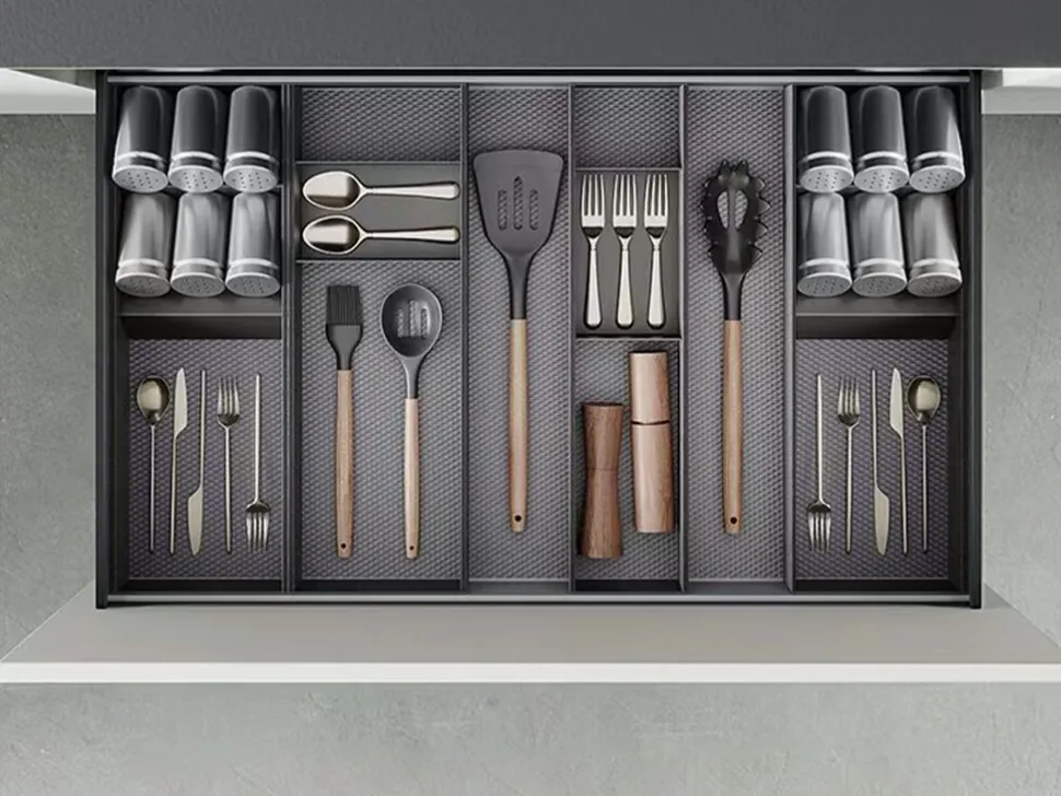 Organizzatore inclinato per cassetto Orderbox, 150x470 mm, Acciaio e Legno, Grigio antracite