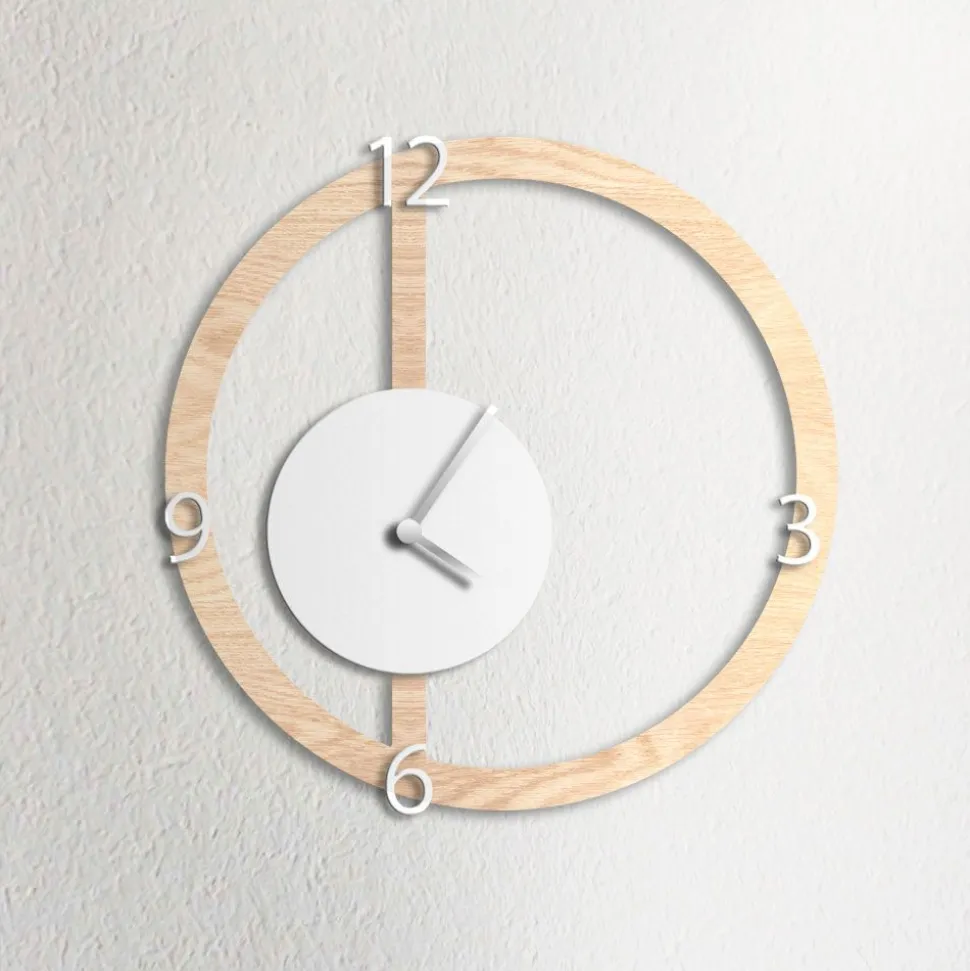 Orologio da parete HALO, effetto legno chiaro e bianco