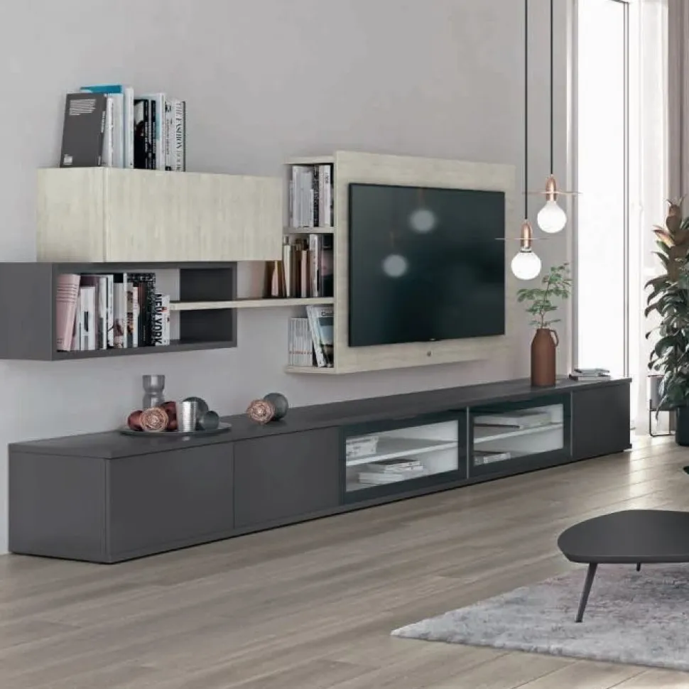 Pannello Porta TV sospeso con libreria disponibile in 3 misure e vari colori