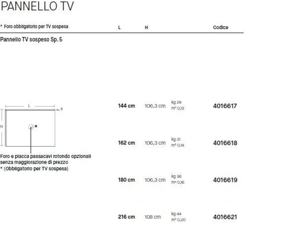 Pannello porta TV sospeso finitura Nodato Chiaro Spessore 5 cm disponibile in vari colori