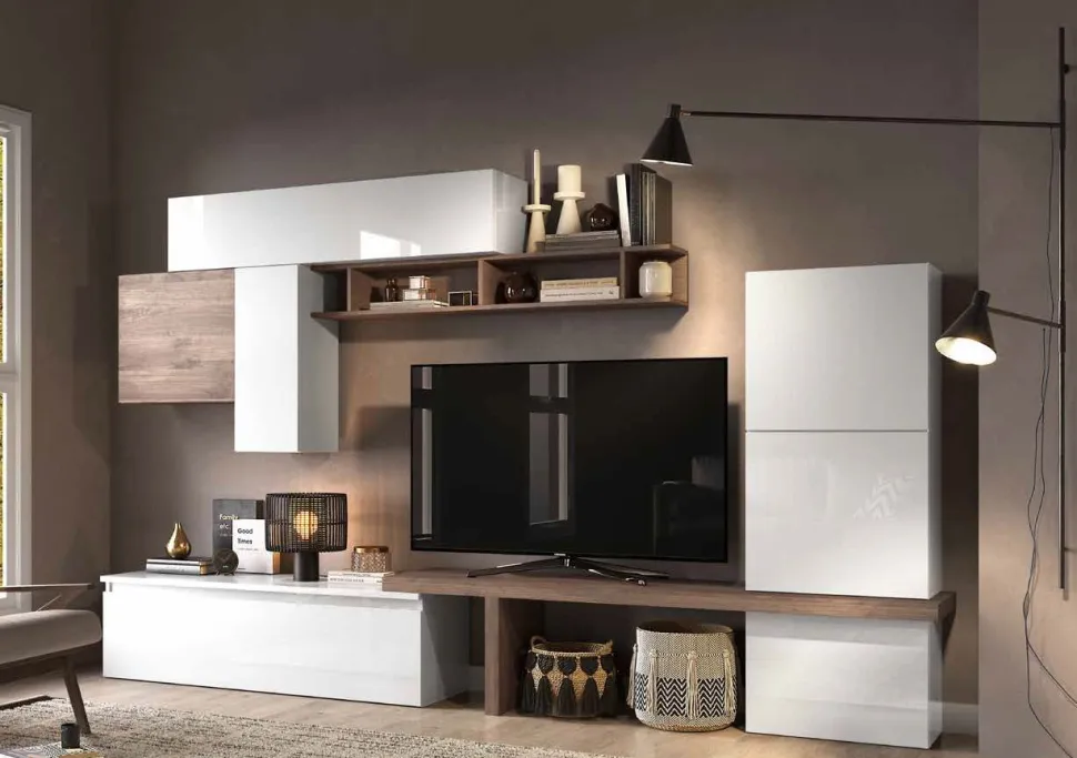 Parete attrezzata Adele linea Arte in finitura Rovere Mercure e Bianco Lucido