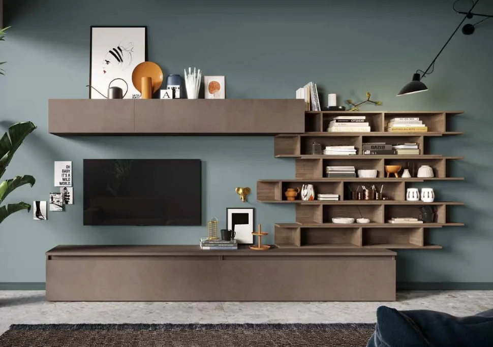 Parete attrezzata Adrien linea Arte in finitura Rovere Mercure e Bronzo