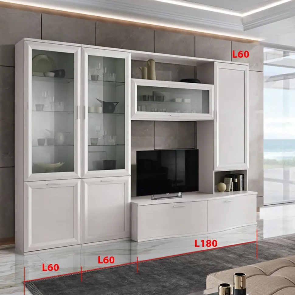 Parete attrezzata Alina linea Prevaling finitura Bianco Frassino