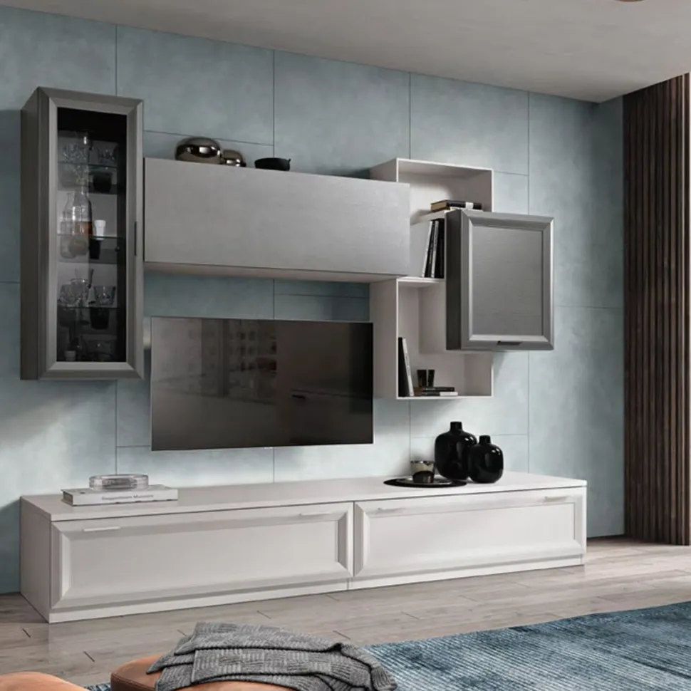 Parete attrezzata Berna linea Prevaling Finitura Argento, Grigio e Bianco Frassino.