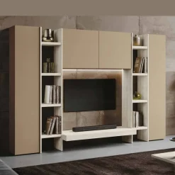 Parete attrezzata Bianco Altea e Oro moderna e componibile con porta tv sospeso e liberie disponibile in vari colori