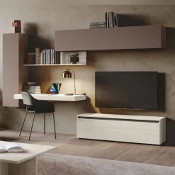 Parete attrezzata Bianco altea e spatolato Bronzo moderna e componibile con scrivania sospesa Pamela disponibile in vari colori
