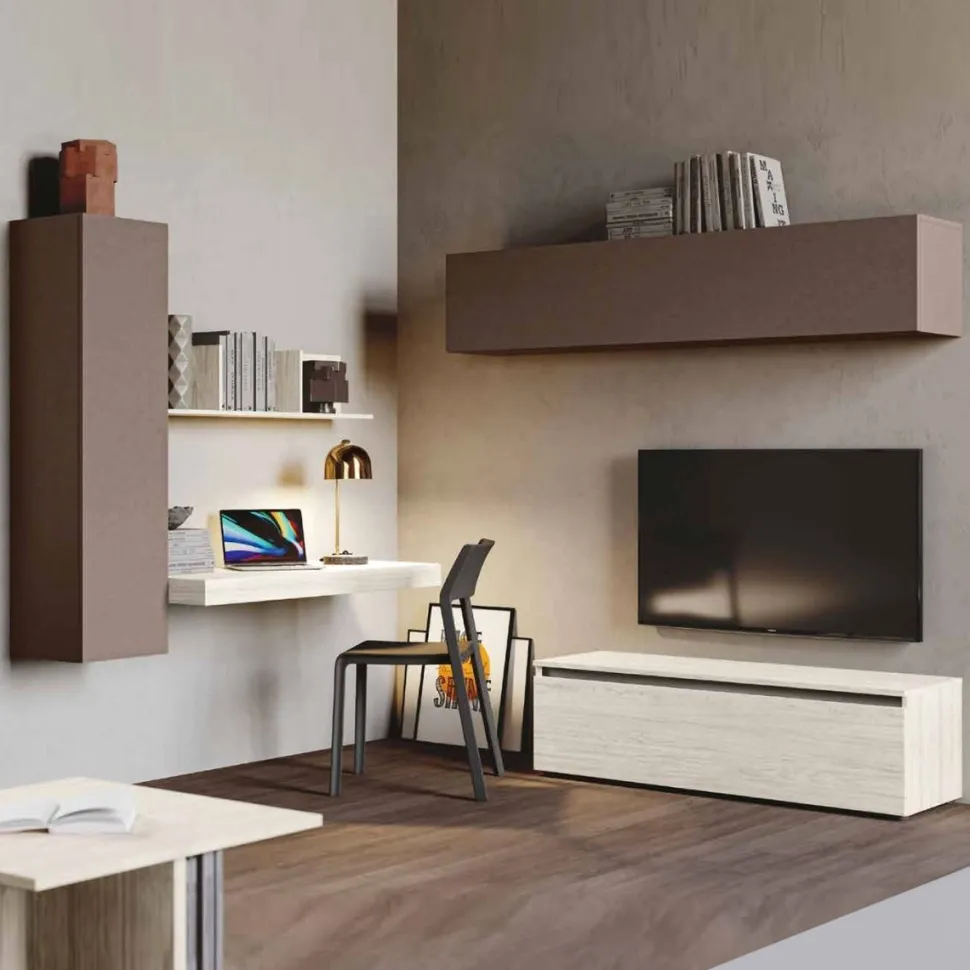 Parete attrezzata Bianco altea e spatolato Bronzo moderna e componibile con scrivania sospesa Pamela disponibile in vari colori