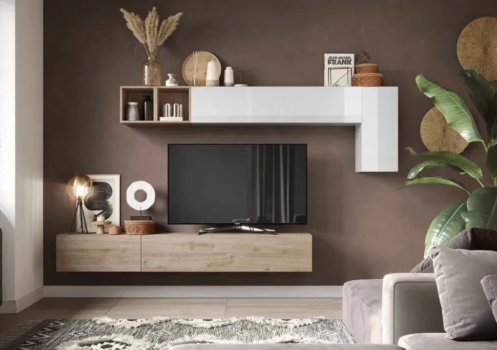 Parete attrezzata Bice linea Arte in finitura Bianco Lucido e Rovere Cadiz