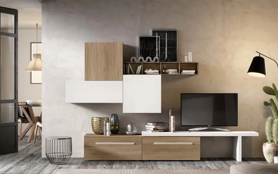 Parete attrezzata Bono linea Domino in Noce Bianco e Noce Naturale