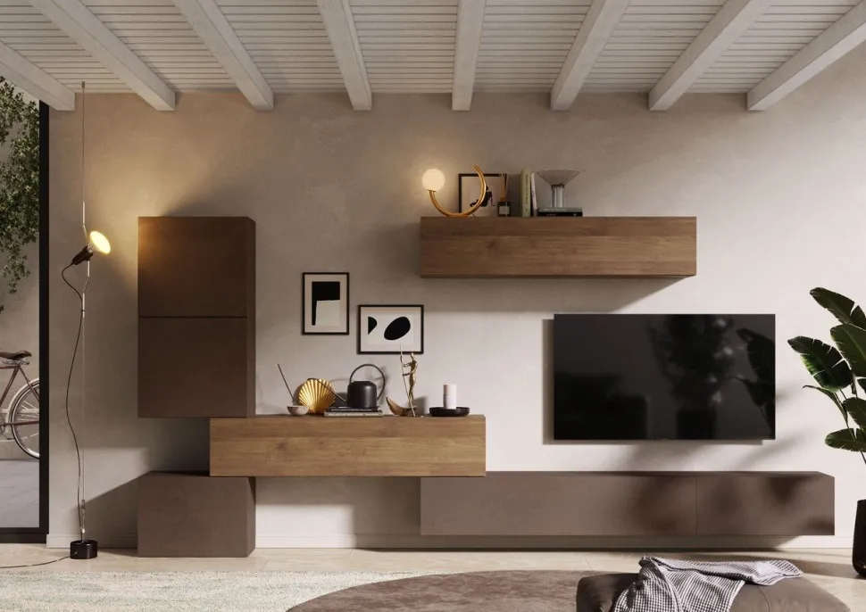 Parete attrezzata Camille linea Arte in finitura Rovere Mercure e Bronzo